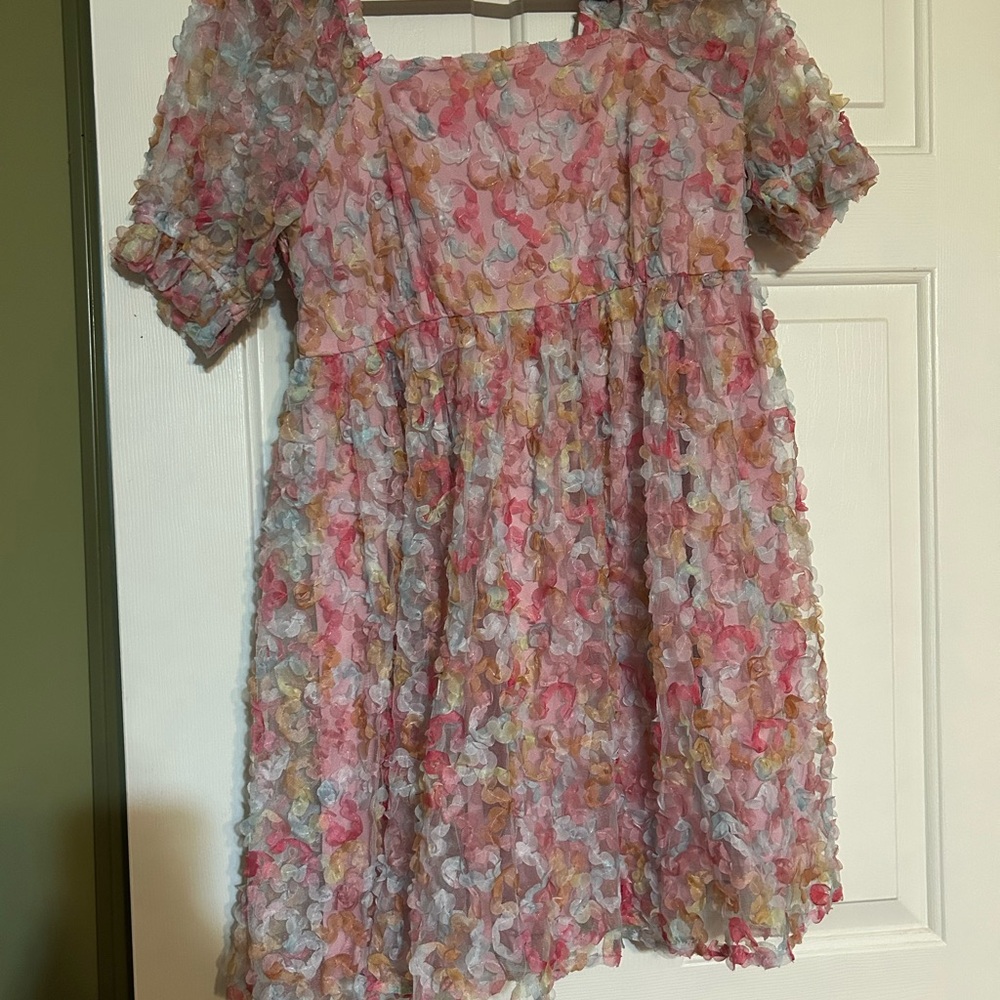 JODIFL Pink and Gray Puff Sleeve Mini Sundress